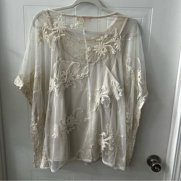 Altar'd State Ivory Sheer Embroidered Lace Boho Mesh Top - Women's L - Picture 6 of 8